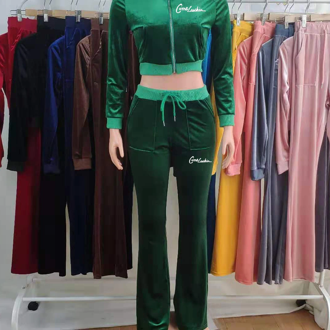 

Winter Velvet Two Piece Set Women Tracksuit Zipper Jacket Top and Wide Leg Pants Sweatpants Matching Sets Casual Sport Suits