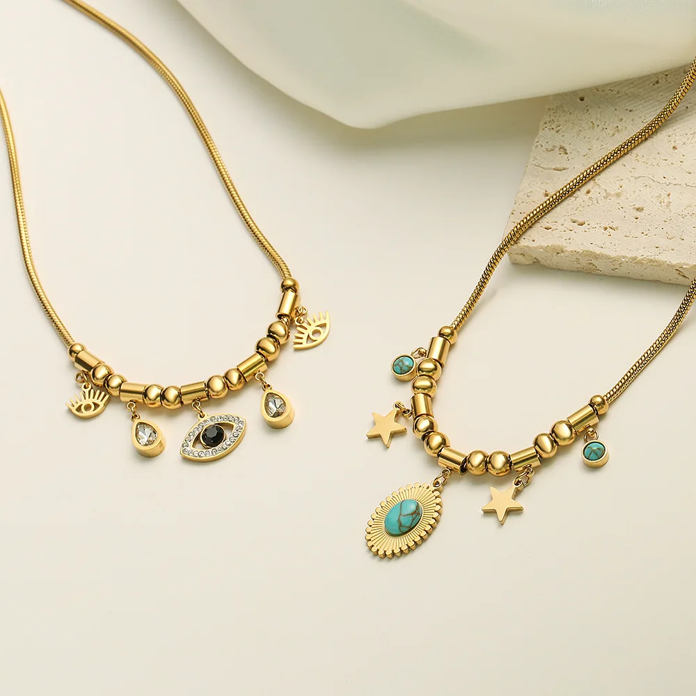 

Fashion personality oval turquoise star pendant gold plated 18K stainless steel chain necklace women jewelry