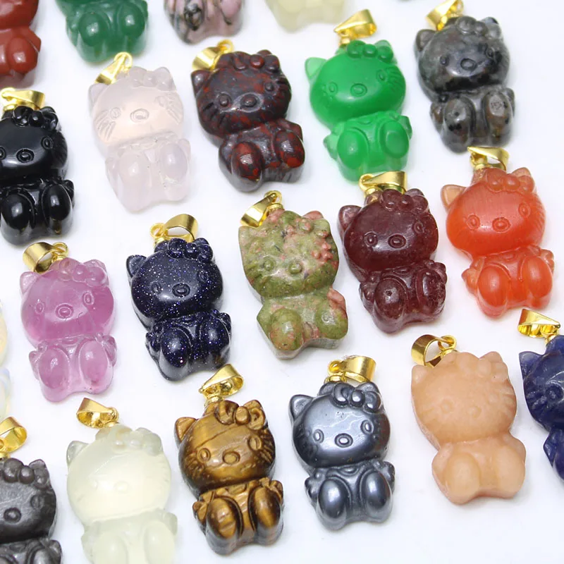 

Wholesale Cheap Price Natural Multi Gemstone Hello Kitty Crystal Stone Necklace Hang Pendant