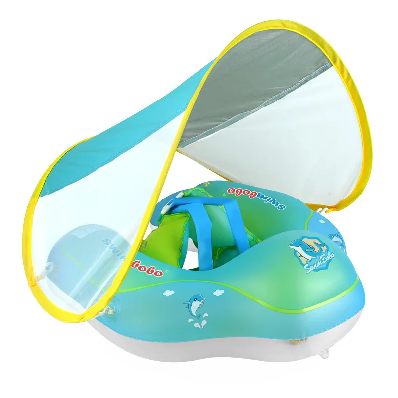 

Factory price baby swimming float ring with canopy inflatable toddler neck seat kids pool swim neck feather gliiter float rings, Bule/green