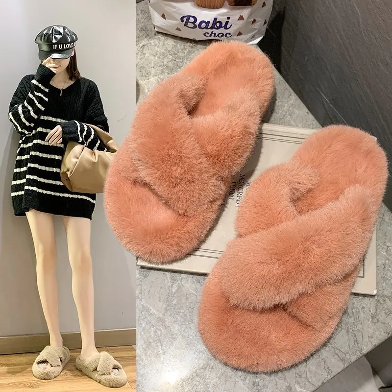 

Winter Warm Faux Fur Shoes Pink Fluffy Plush Fuzzy Indoor Home Slippers For Women
