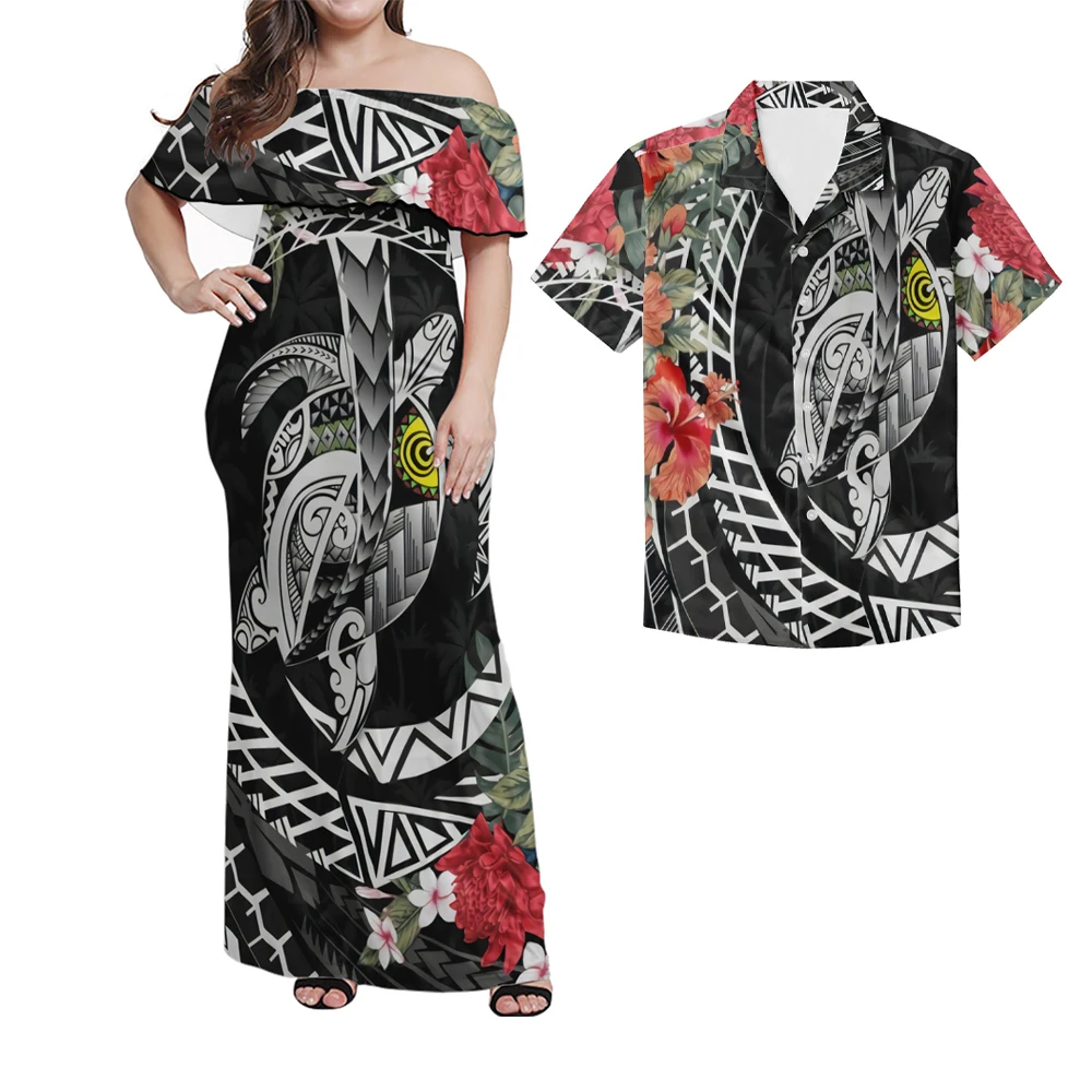 

Polynesian Guam Tribe Turtle Print 2 matching lotus strapless dresses with men's shirts, Customized color