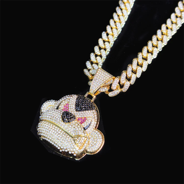 

European Urban Street Rapper Jewelry Hips Hops Full Crystal Rhinestone Bling Iced Out Miami Cuban Chain Gorilla Pendant Necklace, Silver, gold