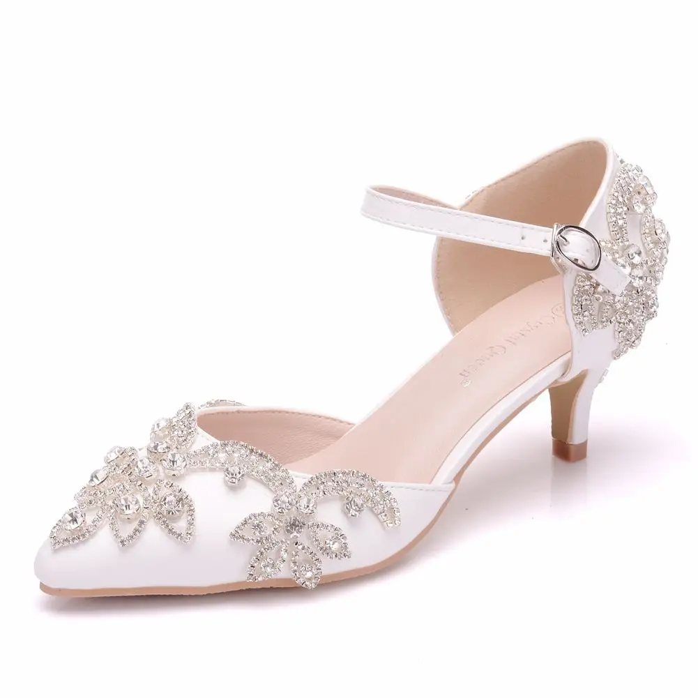 

5cm Small Thick Low Heel Pointed Toe White Sandals Mary Jane Sandals Luxury Rhinestone Wedding Shoes for Bride