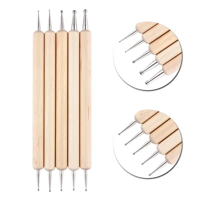 

5pcs/lot 2 ways Wood Dotting Pen Marbleizing Tool nail art brushes private label Double head Nail Art Dotting Tool Pen, Picture