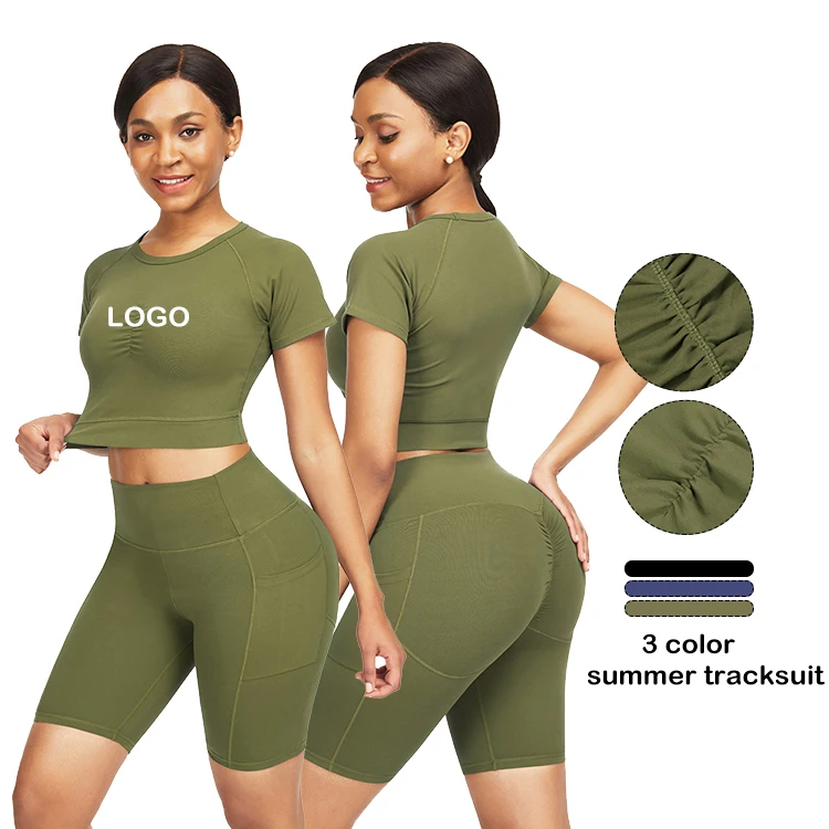 

New Design Two Piece Shirt Set Tight Sexy Crop Top Jogging Wear Summer Tracksuits For Women, Black,pink,red,purple