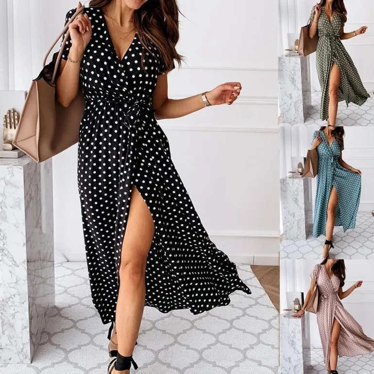 

Women Dresses Summer 2021 Fashion Polka Dot Split Boho Dress Women Clothing Casual Beach Vacation Long Dresses Vestido De Mujer, Picture shows