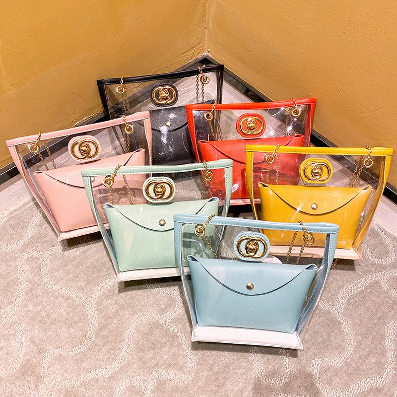 

2021 New Arrival Wholesale Custom Plastic PVC 2 in 1 Clear Purse Handbag Ladies Transparent Crossbody Bag Beach Bag For Women