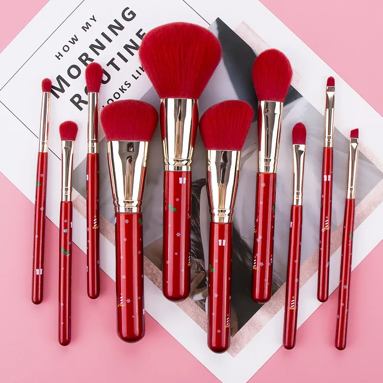 

2020 New Arrival Red Soft Synthetic Hair Makeup Brush Set 10pcs Christmas Makeup Brushes