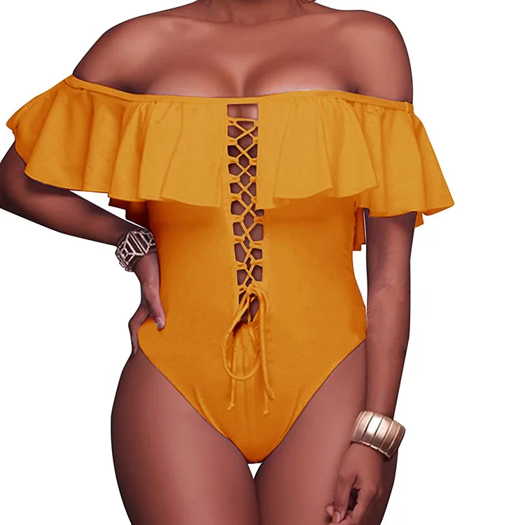 

Customized Soft And Comfortable Fabric Fashion Summer Lace Up Ruffled Off Shoulder Flounce One Piece Swimsuit, Picture color,customize