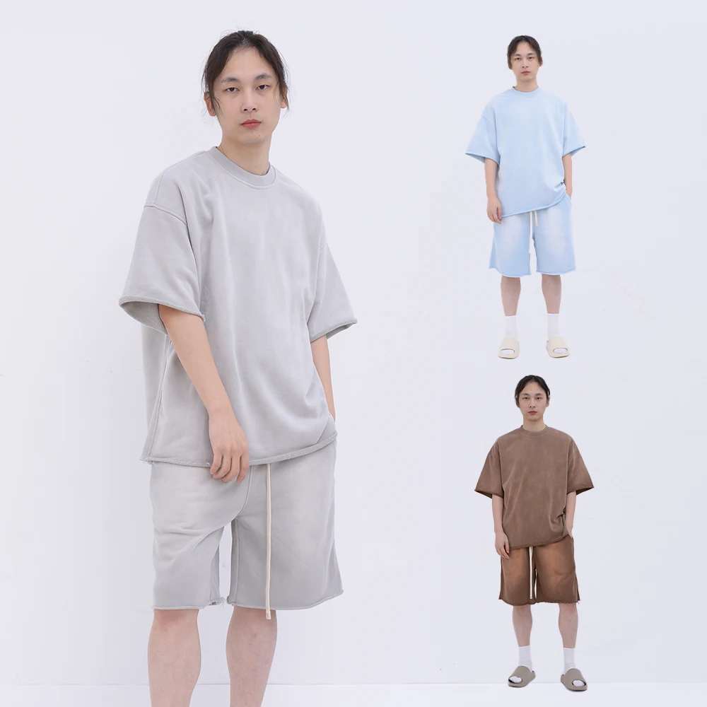 Gelan High Quality Spray Dye Fashion Mens T-shirts Sets Blank Clothes Washed Faded Oversized Custom Loose t Shirts Set