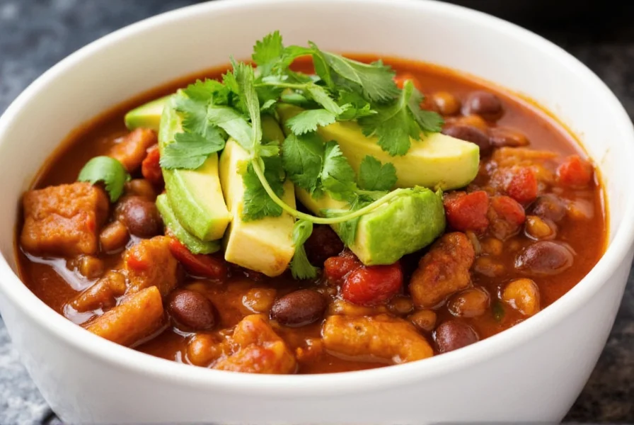 Bowl of spicy tofu chili with beans topped with avocado and cilantro
