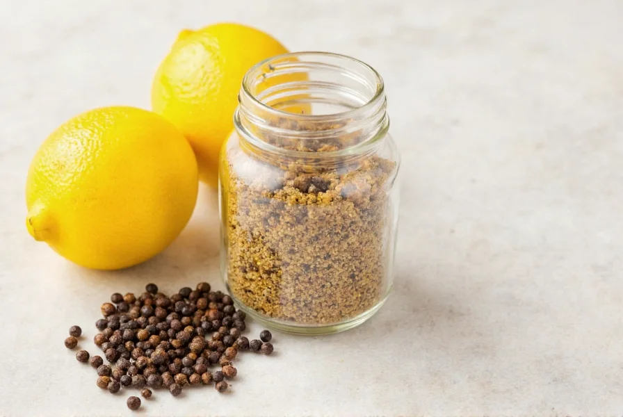 Homemade lemon pepper seasoning in glass jar with fresh lemons and black peppercorns