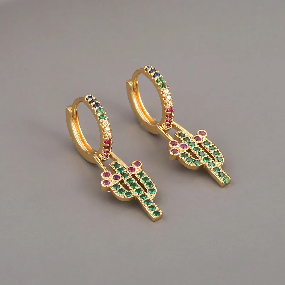 

Super September Hotsale Colorful Crystal CZ Zircon Plant Cactus Drop Earrings Rainbow Cubic Zircon Cactus Huggie Hoop Earrings