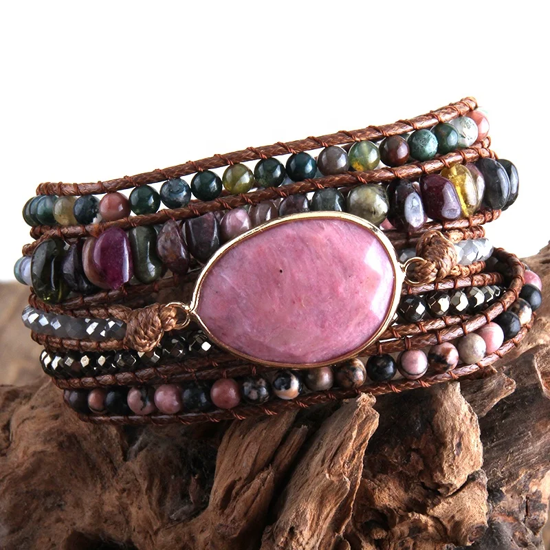 

New Designer Fashion Boho Bracelet Handmade Mixed Natural Stones Charm 5 Strands Wrap Bracelets Women Gift