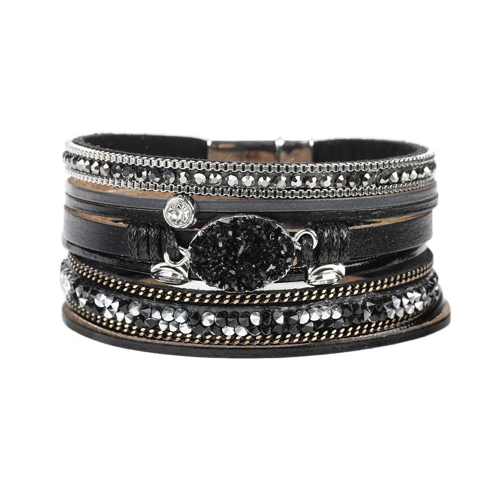 

Wholesale Custom Magnet Clasp Wrap Leather Bracelet Black Punk Leather Bracelet