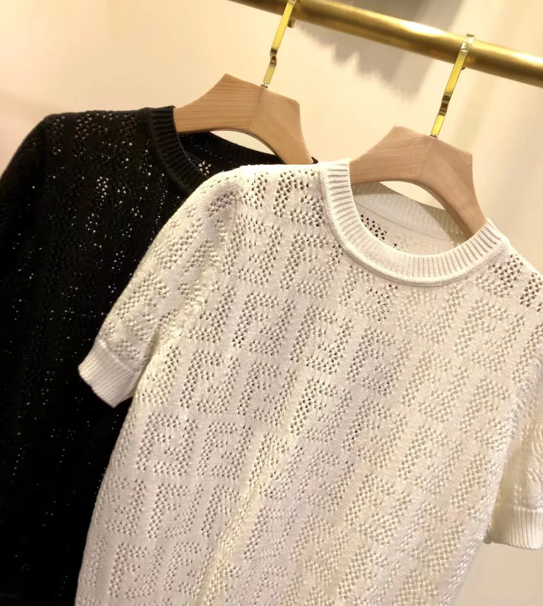 

2021 Summer Fashion New Elegant Blouse Knitted Casual T-shirt for Women Tee Stylish Hollow Out Solid Tencel Silk Twist