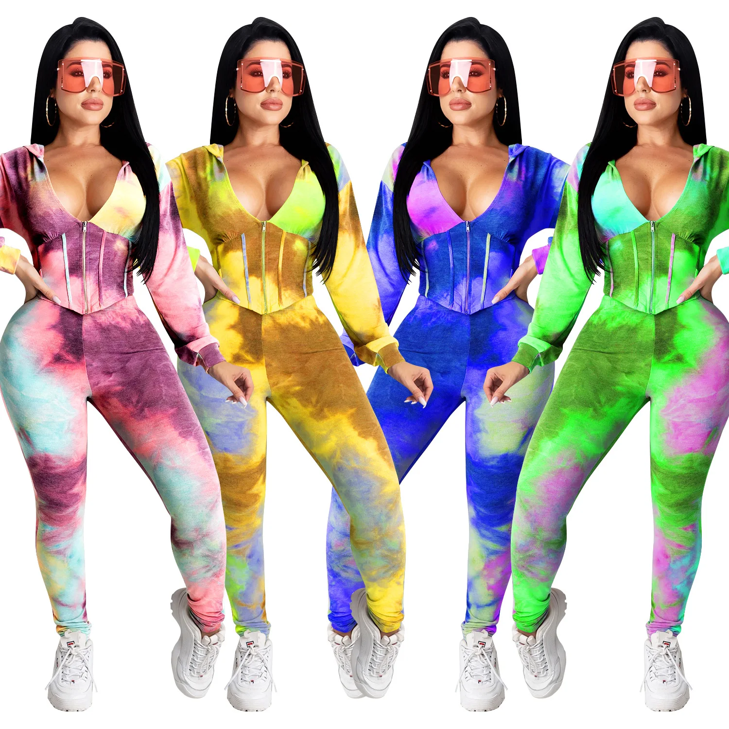 

New fall and winter casual women clothing tie dye color hood crop top and jogging pants 2 piece set stylish lady tracksuits, Picture