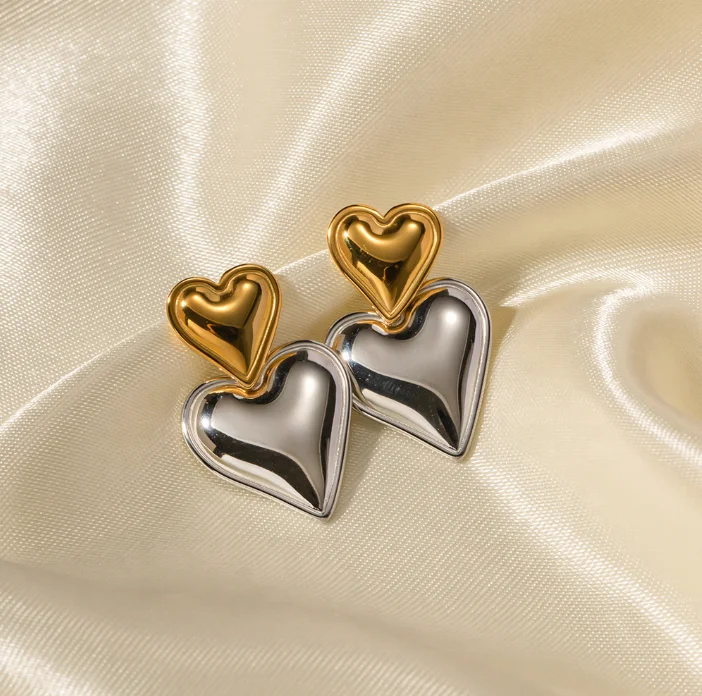 Unique Two Tone Studs Jewelry Waterproof Non Tarnish 18K Gold Silver Trendy Minimalist Heart Shaped Earrings Women