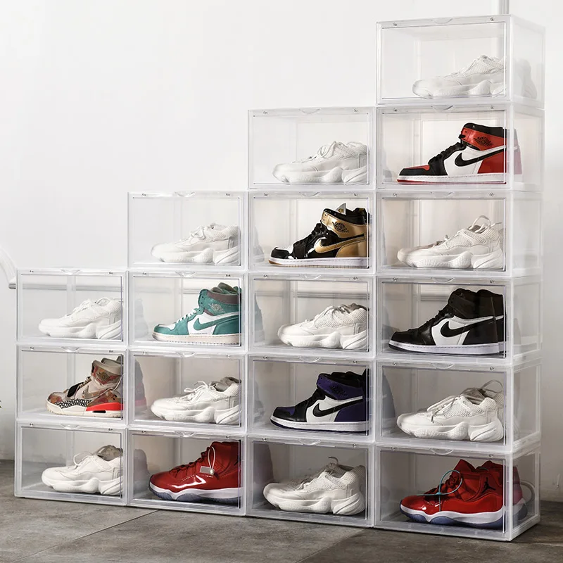 
Side Open Drop Door Steady Stackable Simple Assemble Custom Nike Sneakers Foldable Clear Shoe Storage Box With Magnetic Door 