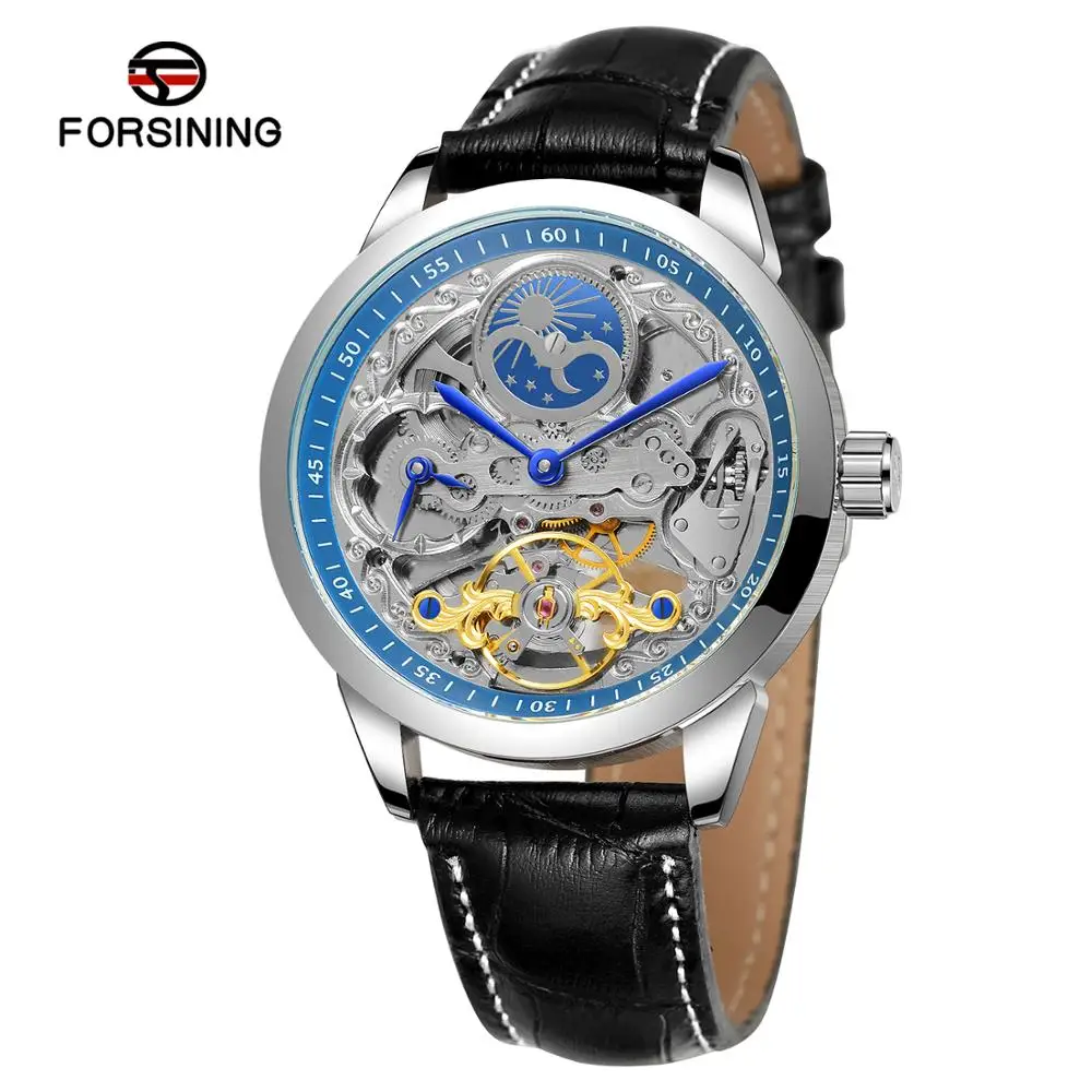 

FORSINING Hot Luxury 2022Latest Moon Phase Water Resistant Mens relojes hombre Genuine Leather Automatic Watches, 4 colors