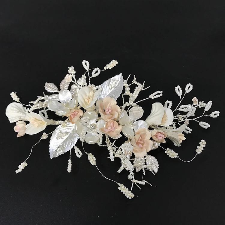 

Continental stunning souvenir fabric flowers in full bloom headpieces handmade alloy flower wedding tiaras beads headwear