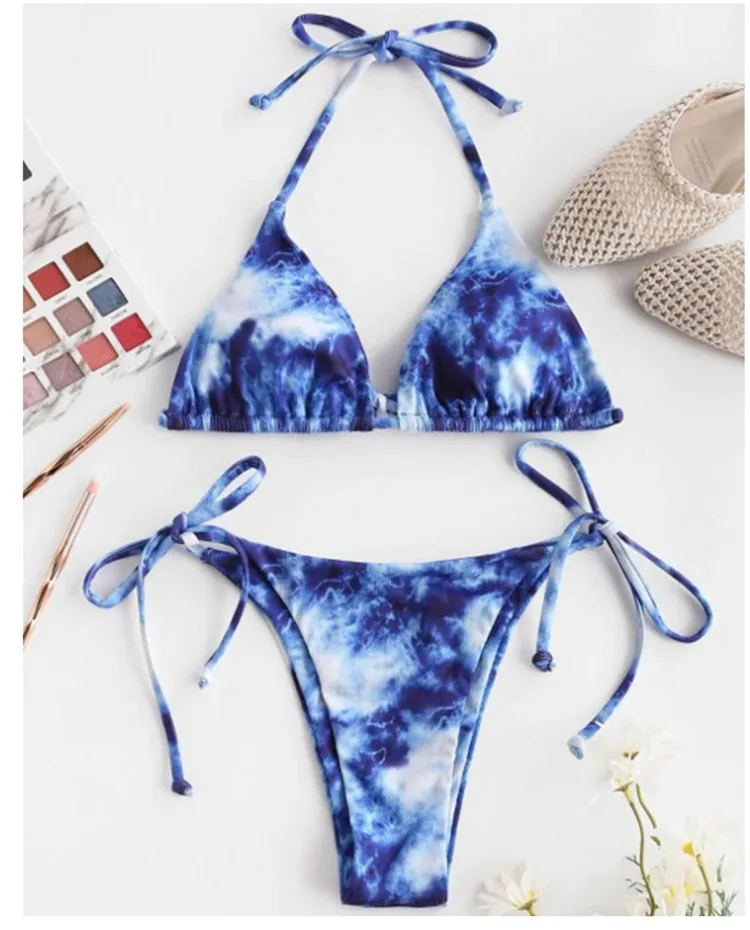 

Wireless Bright Color Halter Top Triangle High Cut Tie Dye Bikini Swimsuit Women