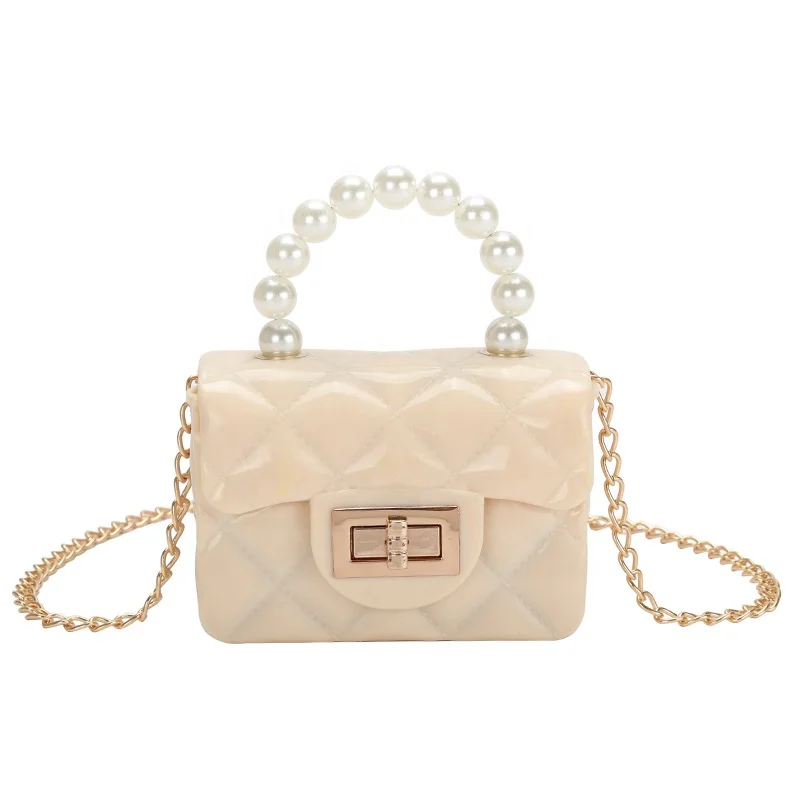 

2021 Summer Wholesale Candy Jelly Handbags for Ladies Cross Chain Bags Pearl Handle Women PVC Girls Purse
