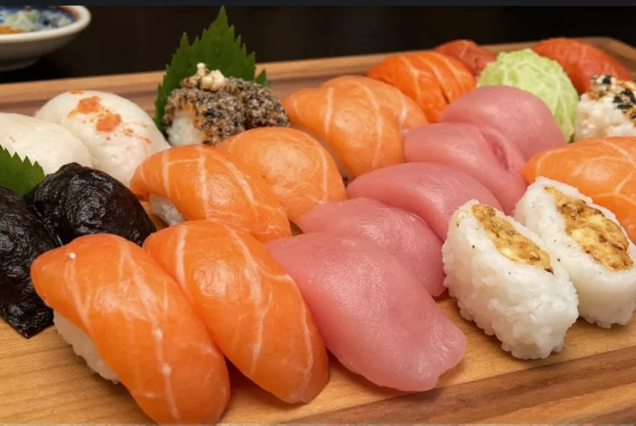 Traditional sushi platter showing proper placement of gari between different nigiri pieces