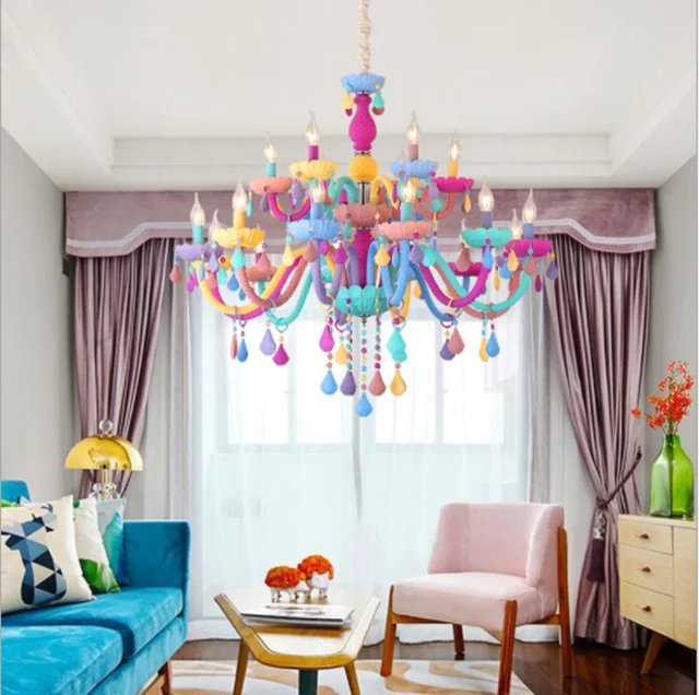 JYL-SJ056 Contemporary lighting sweet candy color kids chandelier candle shape cute hang crystal chandelier