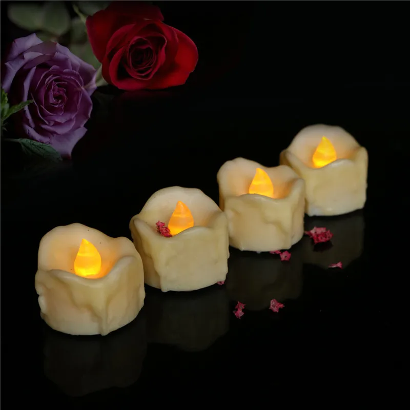 Flameless Yellow Flickering LED Tea Light Candle Wax Battery Operated  LED Tear Drip Surface Candle Wax Christmas Party Decor