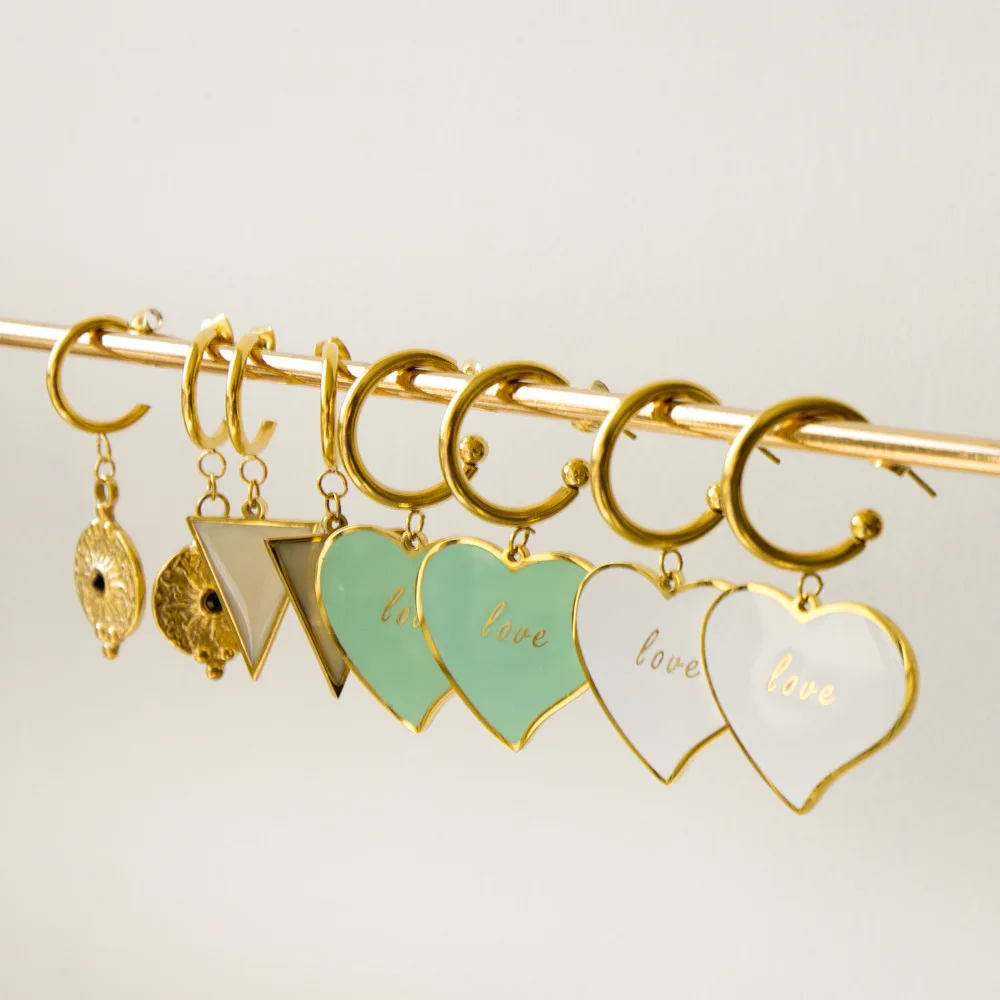 

Luxury Gold Eye Triangle Green Enamel Heart Dangle Stud Earrings Stainless Steel Wholesale