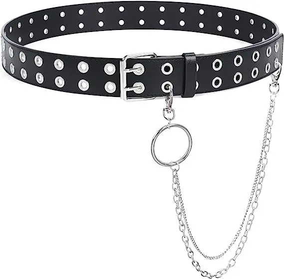 

Punk Studded Holes Black Belt Double Grommet Belt Leather Punk Waist Belt with Detachable Chain for Women Jeans Dresses