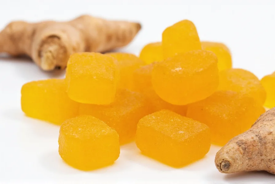 Close-up of turmeric gummies showing golden color on white background with turmeric root nearby
