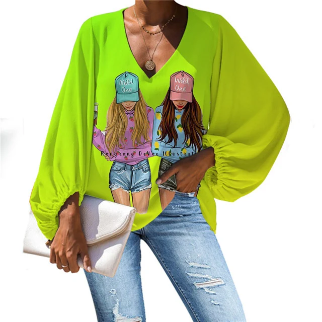 

Hot Fashion Sister Friendship Chiffon Blouse for Women Casual Spring Summer Clothing Girls Tops Ladies' Blouses Bell Sleeves