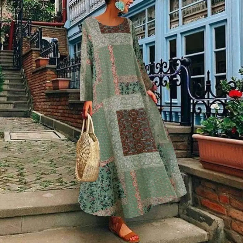 

plus size dress O neck long sleeves in floral print with pocket linen maxi dress