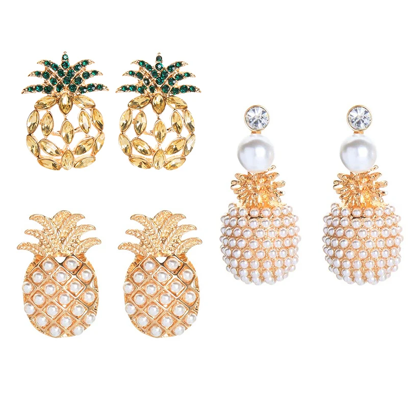 

e0747 New Hawaiian Jewelry Wholesale Fruit Crystal Rhinestone Jewellery Women 14K Gold Plated Pineapple Pearl Earrings 925