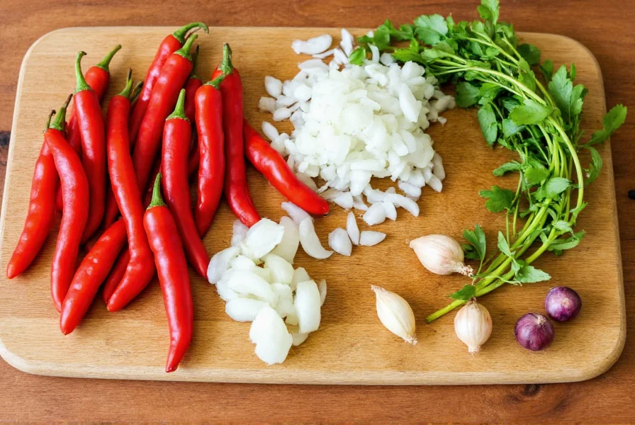 Traditional Caribbean sofrito ingredients including aji dulce peppers, onions, garlic, and culantro arranged on a cutting board