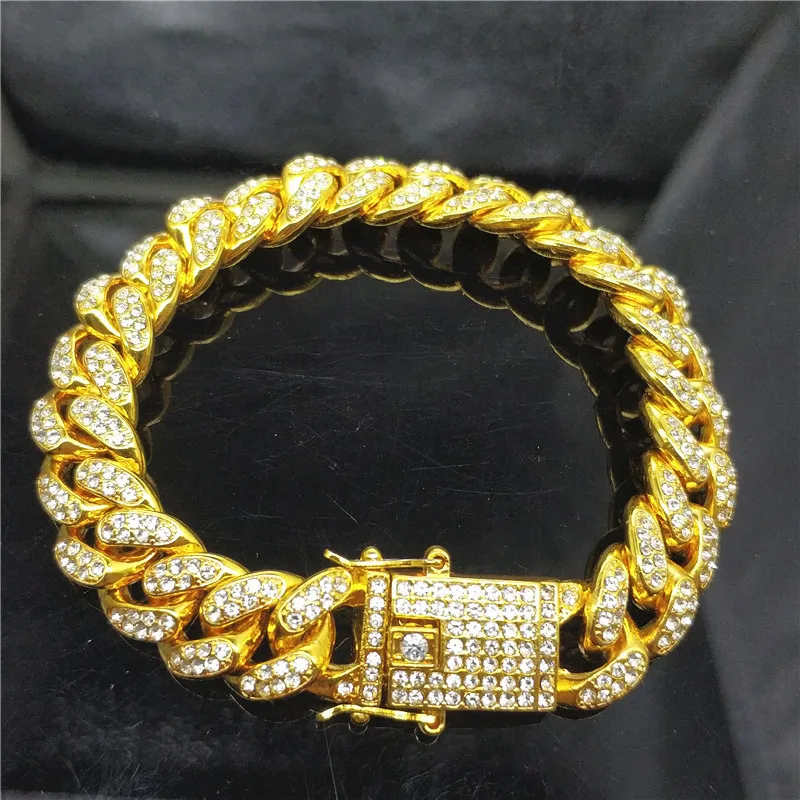 

Cuban Link Chain 18K Gold Plated Cooper Curb Chain Diamond Men's Hip Hop Jewelry Wrist Accessories Cuban Chain Cuff Bangles, As pics