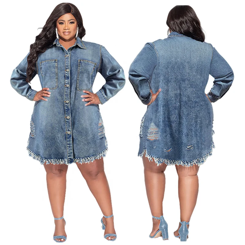 Y218651 Trendy Plus Size Denim Dresses Women Casual Turn-down Collar Long Sleeve Knee-Length Women Jeans Dresses for Ladies