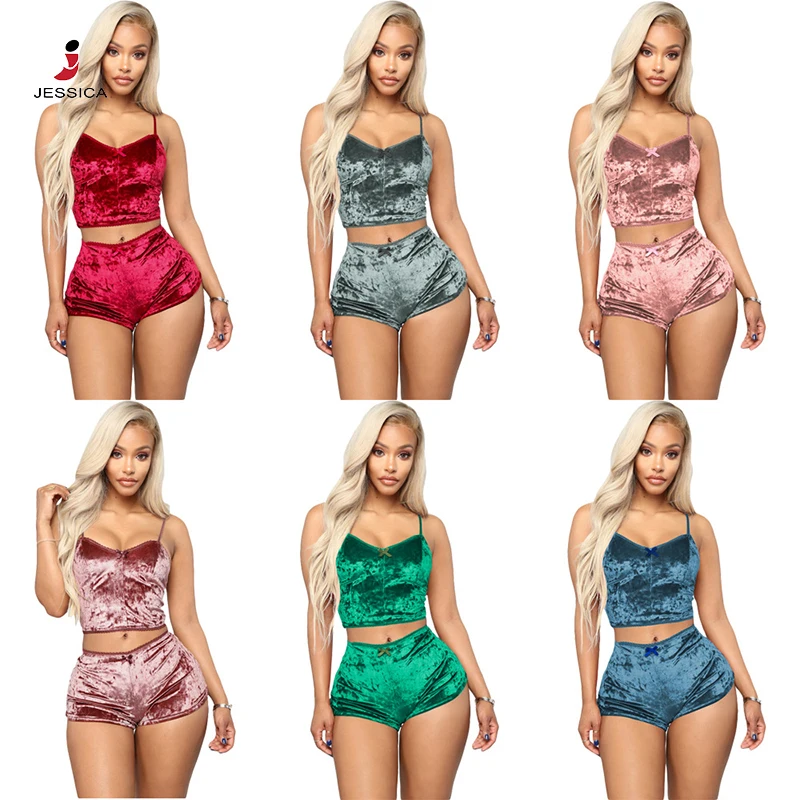 Sexy Lace Velvet Crop Top Mini Hot Pants Women Two Piece Sets night clothes