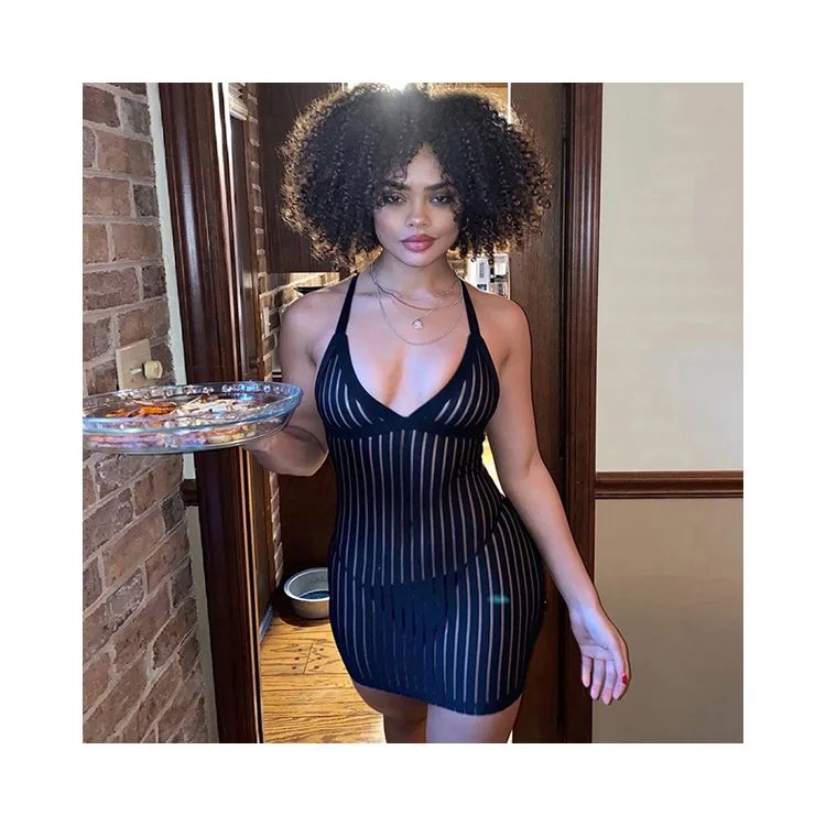

Trendy Popular Women Summer Casual Backless See-through Striped Dress