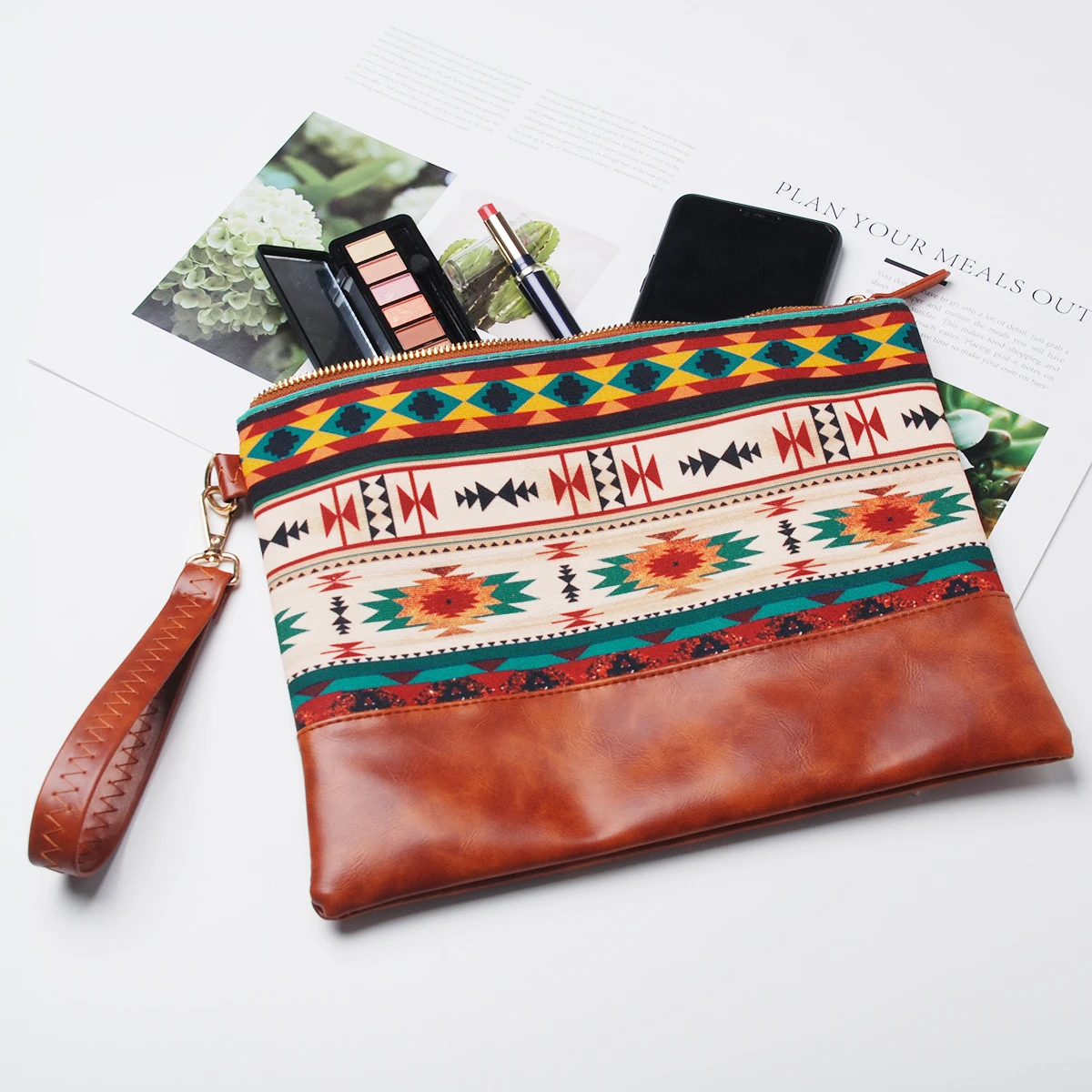 

New Arrival Women PU Geometric Phone Case Wholesale Multi Tribal Cosmetic Clutch Spring Organizer Wristlet DOM112-1753, Azetc