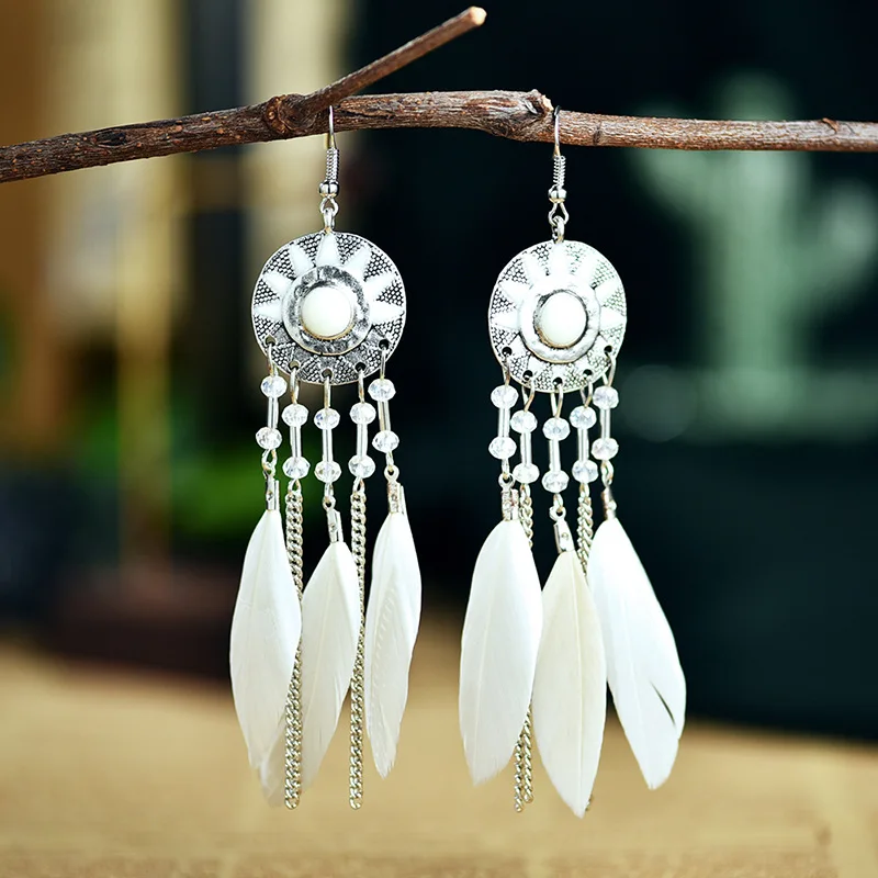 

2021 most popular drop shipping lady round sun long feather bohemian tassel vintage chain earings for women 2021, Picture shows