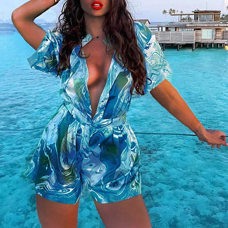 

Chic Summer Women Apparel Print Fashion Rompers Womens Short Sleeves Button Front Romper -PT, Blue