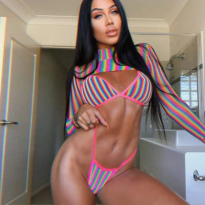

3 Piece Women Rainbow Striped Bikini Swimwear Long Sleeved Cover up Swimsuit