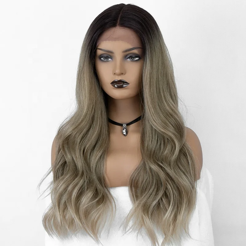 

Aliblisswig Natural Looking Dark Root Ombre Blonde Long Wavy Middle Part Heat Resistant Fiber Hair Synthetic Lace Front Wig