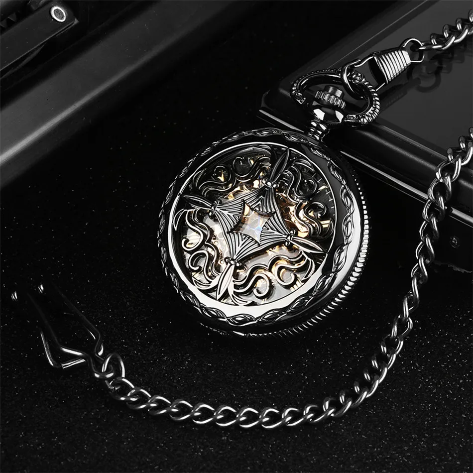 Retro Black Hollow Pattern Mechanical Self-Winding Pocket Watch Gold Roman Numeral Skeleton Dial Pendant Automatic Antique Clock