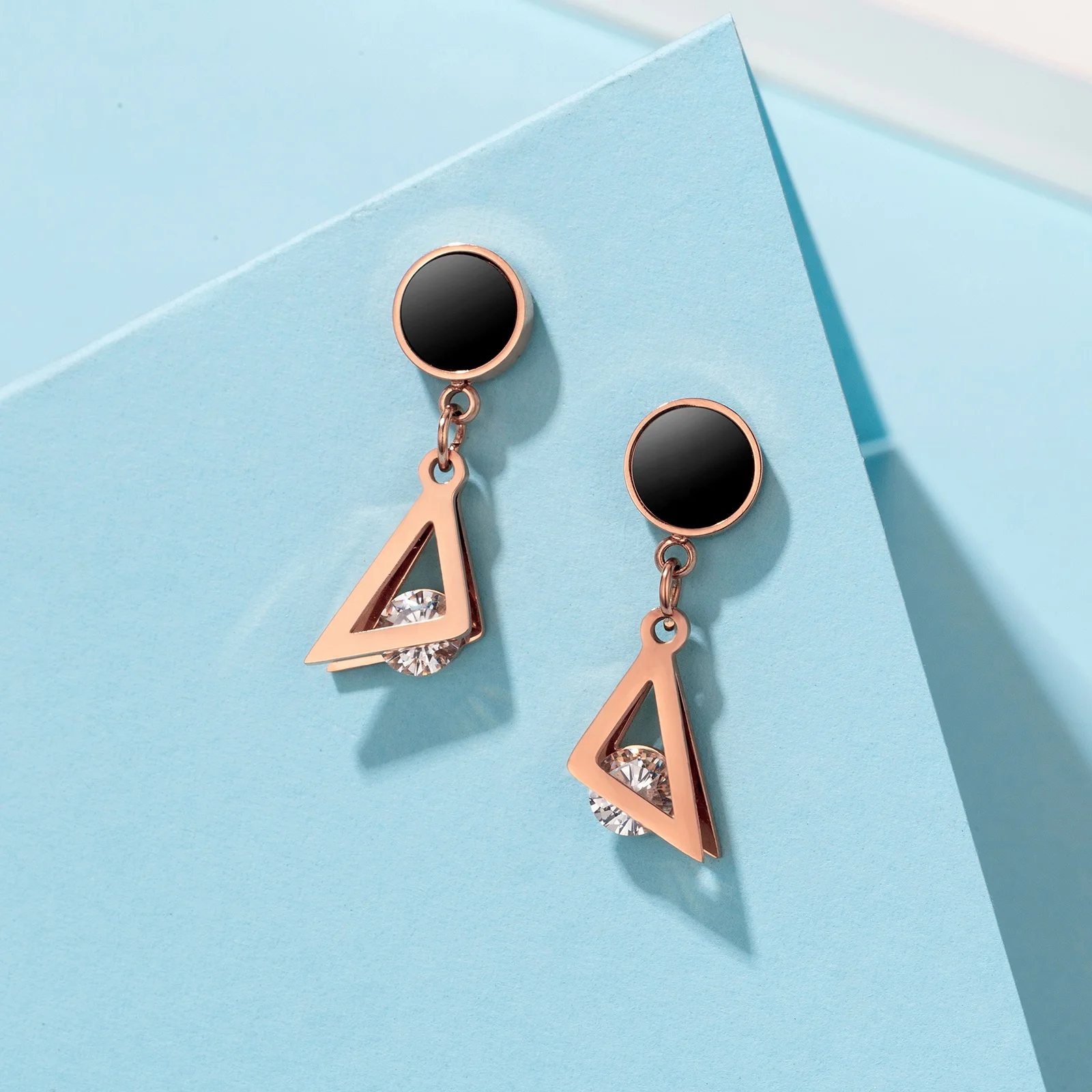 

Women crystal Jewelry Double Layer Polishing Pendant Earrings 316L Stainless Steel Trendy earrings 2021, Rose gold and black color