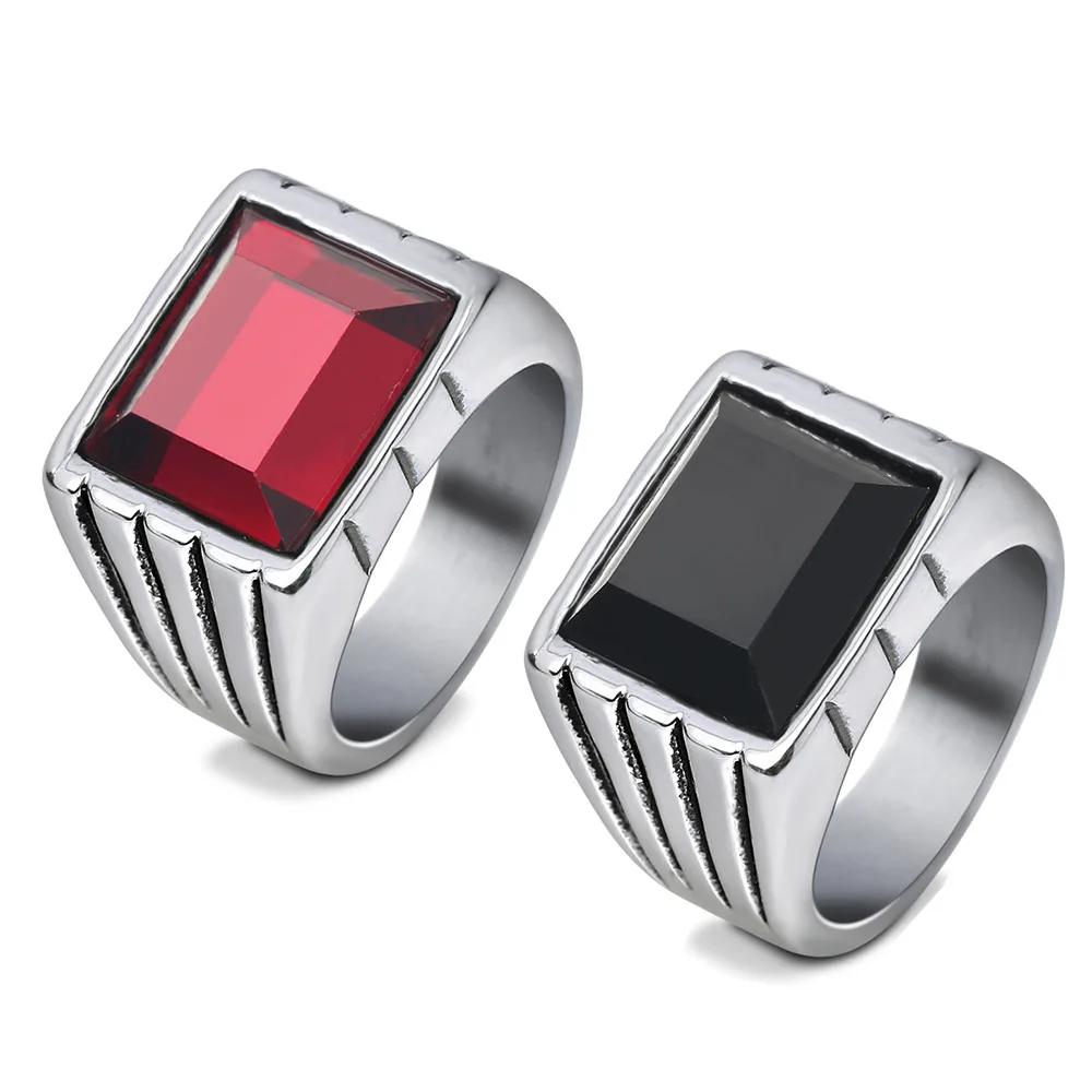 

retro court Ins fashion simple square red and black gemstone couple personality trendy Stainless steel ring